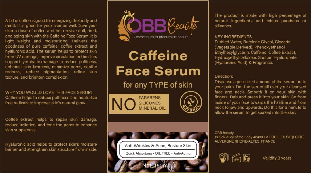 obbbeaute facial serum with caffeine, anti acne, anti wrinkle, anti blemish for all skin types