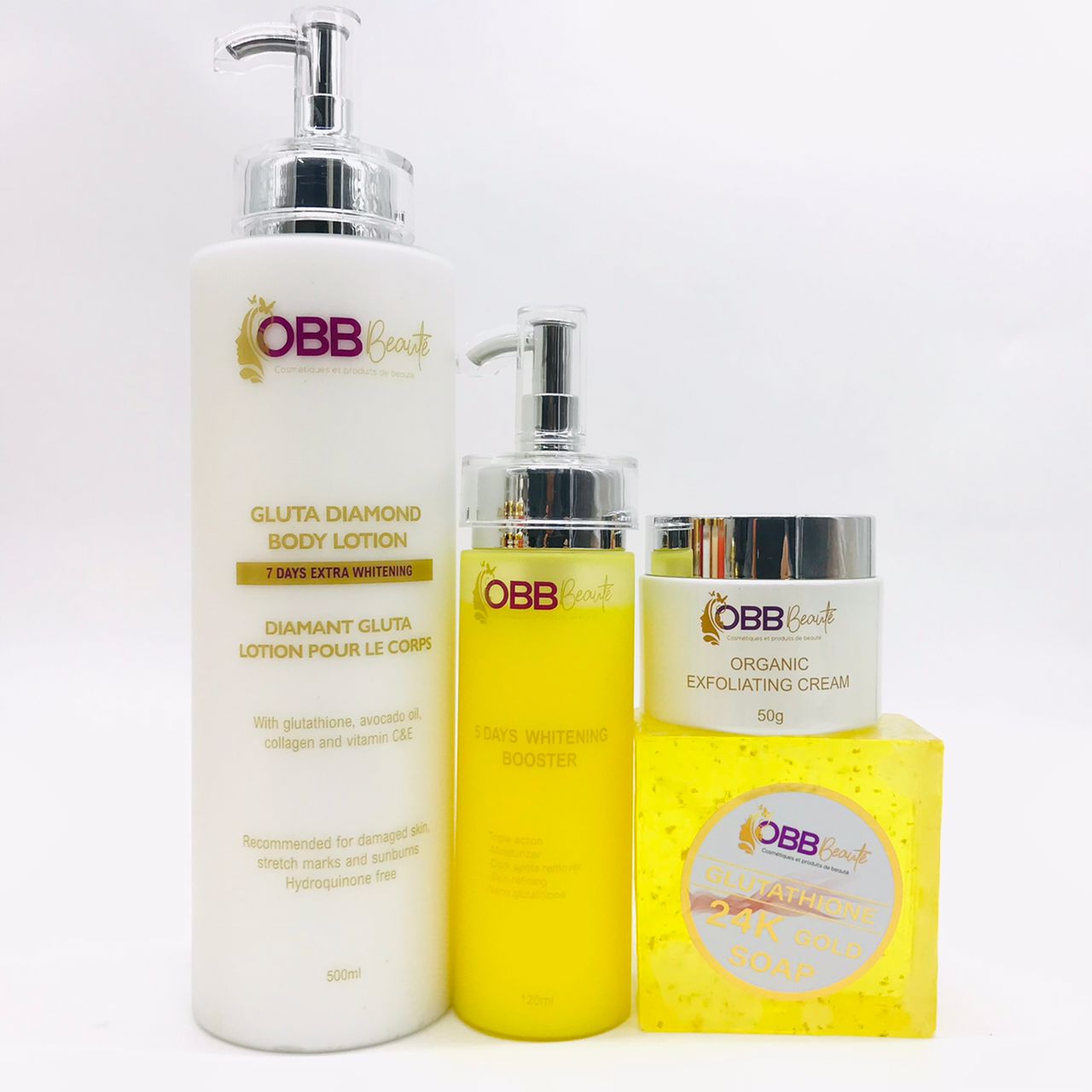 gluta diamond range (milk 500ml, serum booster 120ml, face cream 50g soap 250g)