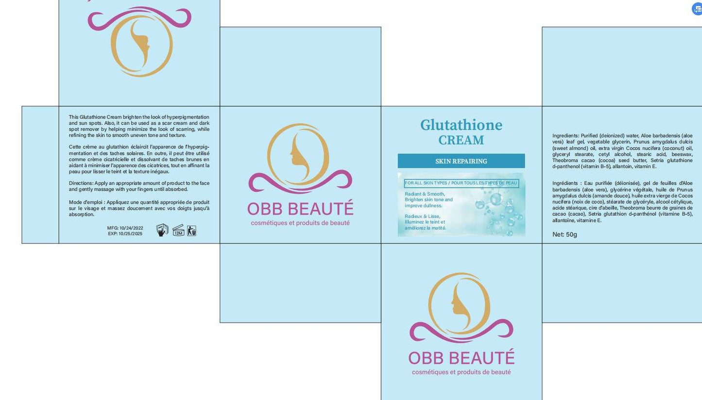 creme visage glutathion obb beaute 50g, dissolvant de tâches et cicatricielle