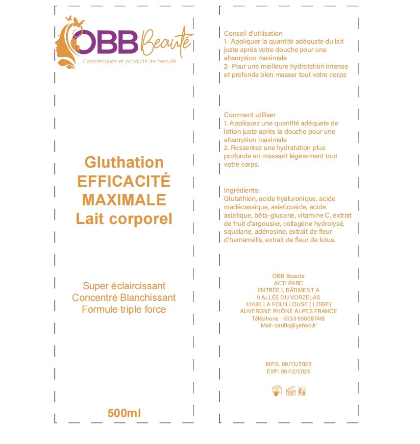 Lait pour le corps glutathion bleu ultra éclaircissant, anti-tâche, anti-vergetures et hydratant OBBBeauté